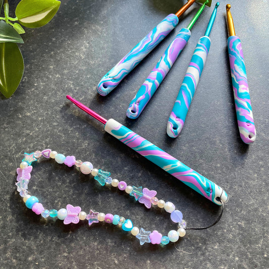 Purple and Blue Marble Polymer Clay Crochet Hook