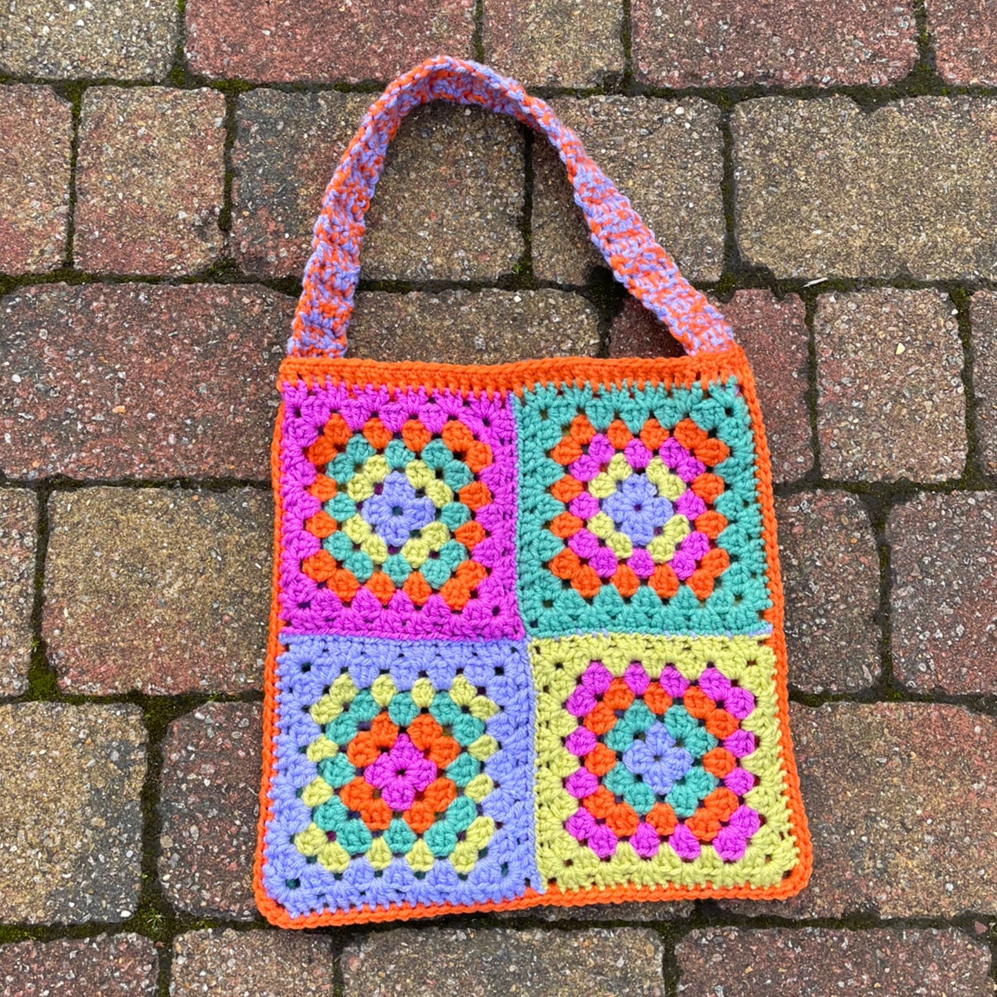 Colourful handmade crochet patchwork tote bag