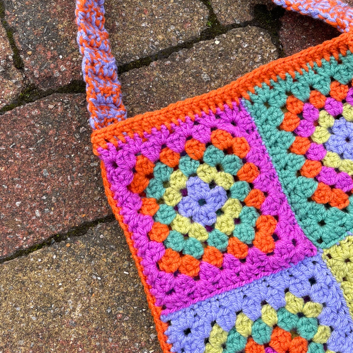 Colourful handmade crochet patchwork tote bag