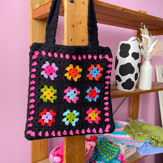 Black and Pink Rainbow Patterned Crochet Tote Bag