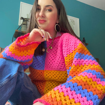 Colourful Handmade Patchwork Crochet Jumper - Size M