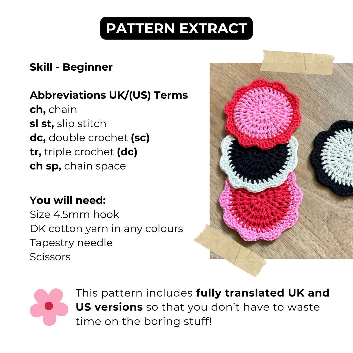 Easy Flower Coasters - Crochet Pattern PDF