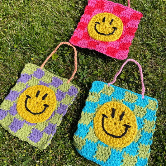 Colourful Checked Happy Face Wall Hanging