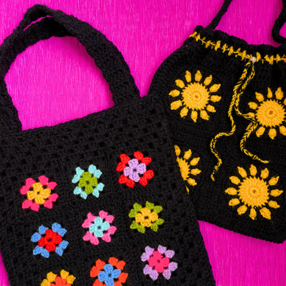 Black Sundance Drawstring Crochet Bag