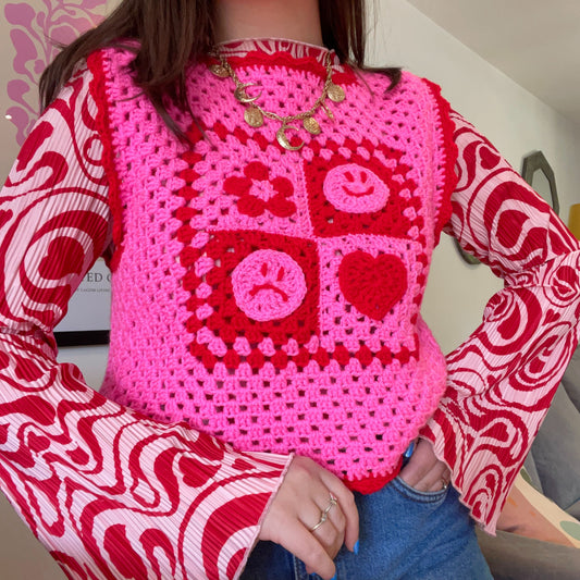 Pink and red handmade crochet vest