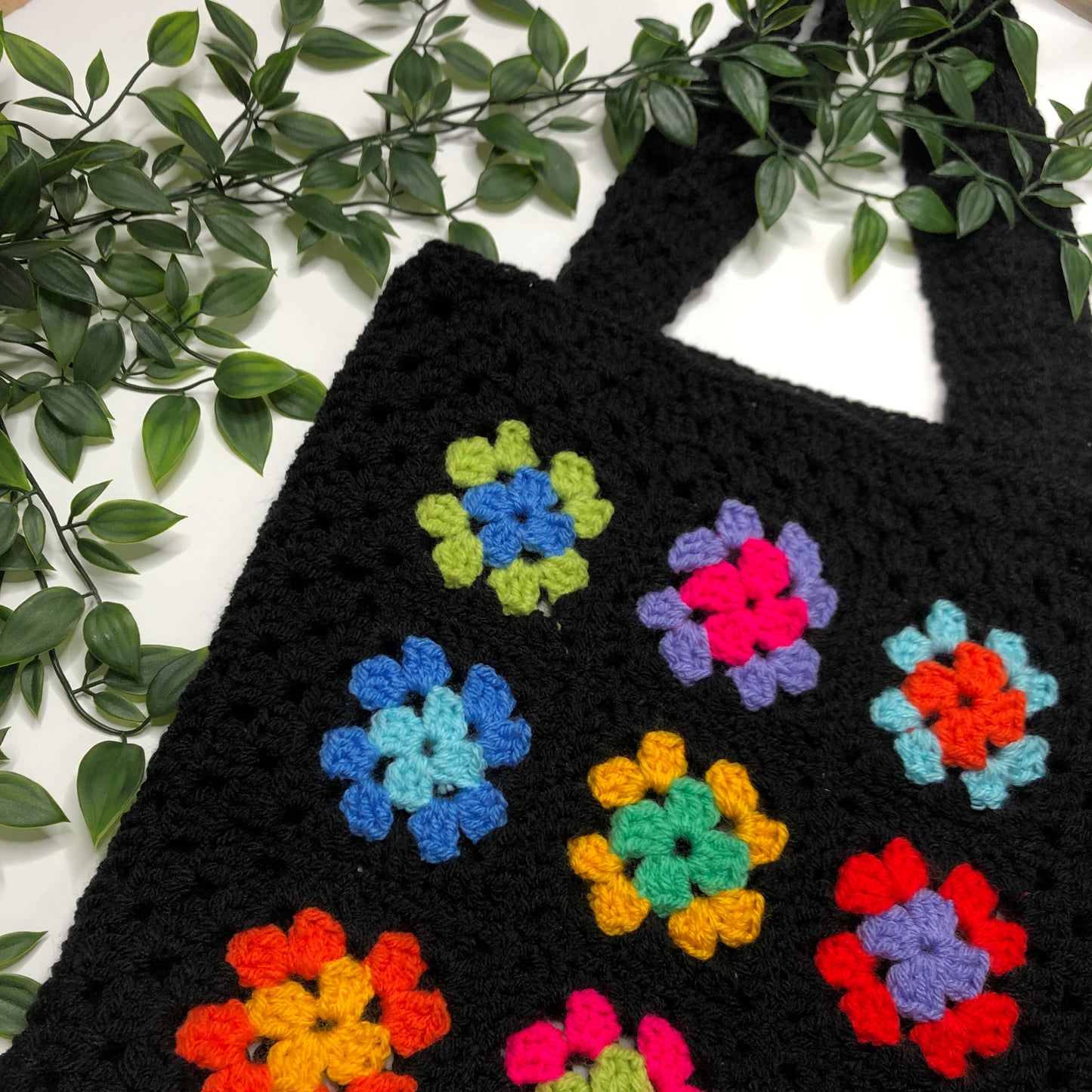 Black Rainbow Patterned Crochet Tote Bag