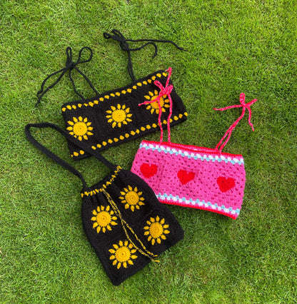 Black Sundance Drawstring Crochet Bag