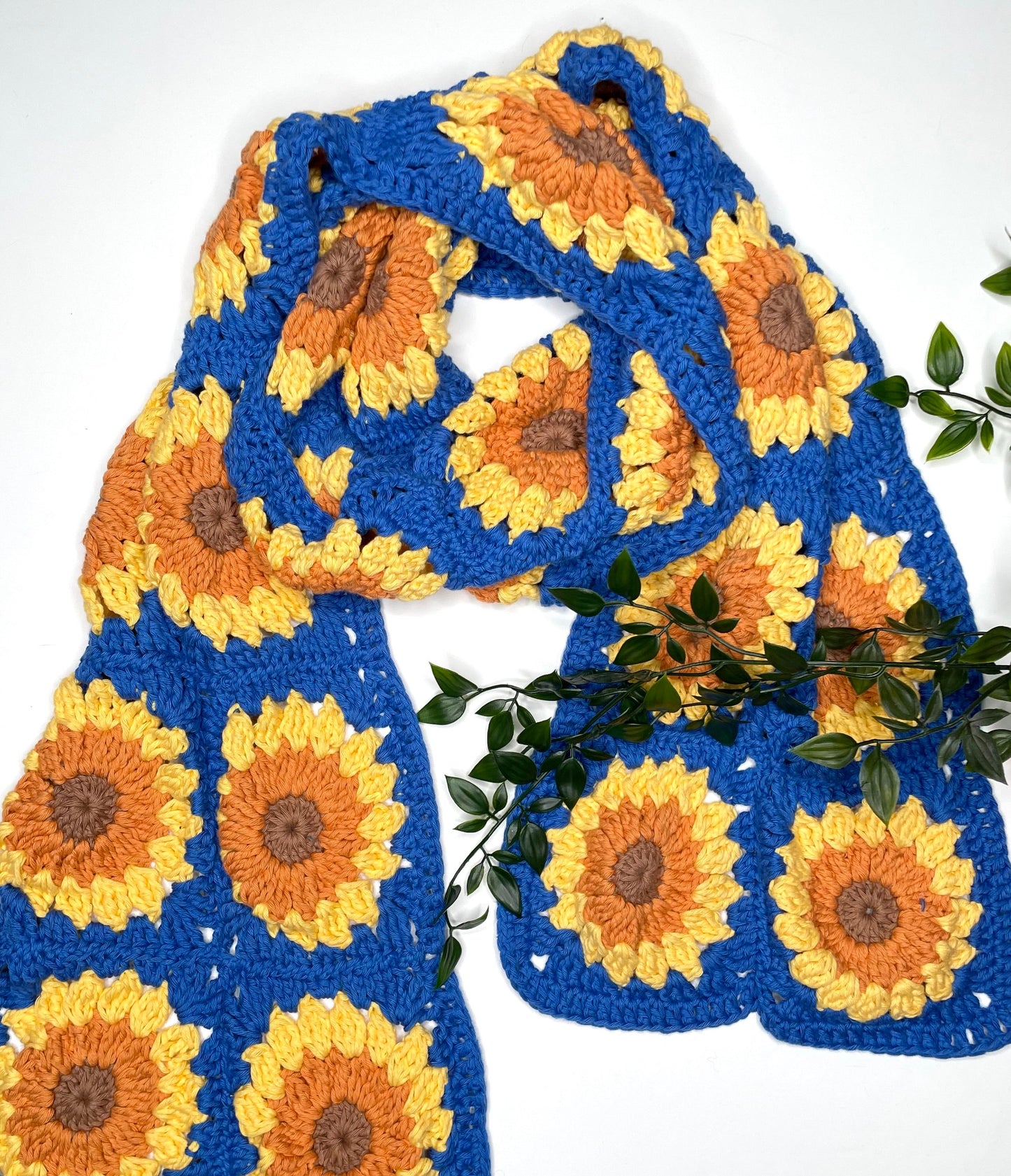 Blue Sunflower Crochet Scarf - Cotton
