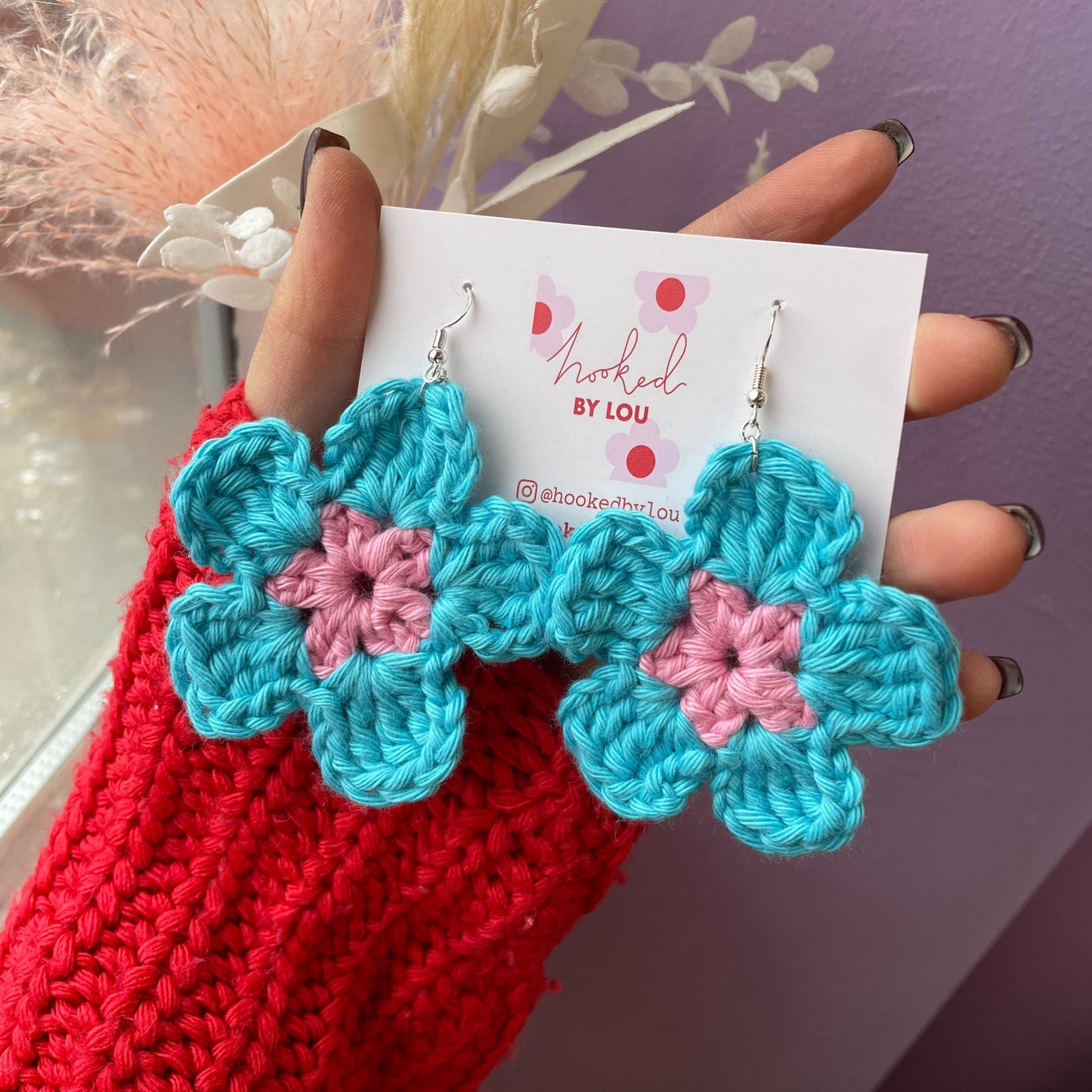 Daisy Flower Earrings - Blue and Pink