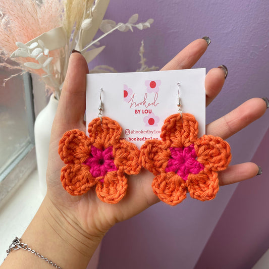 Daisy Flower Earrings - Orange and Pink
