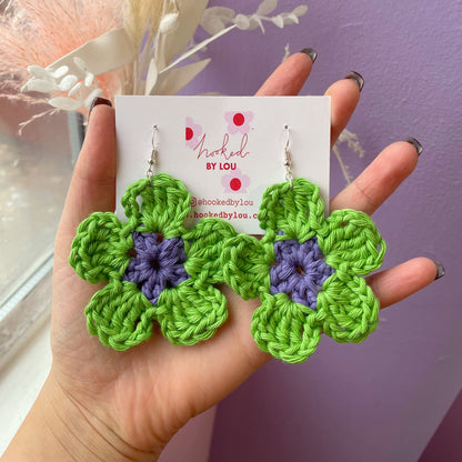 Daisy Flower Earrings - Purple and Green