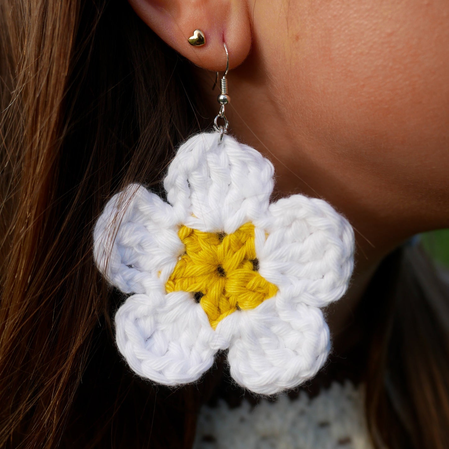 White Daisy Flower crochet earrings Hooked By Lou
