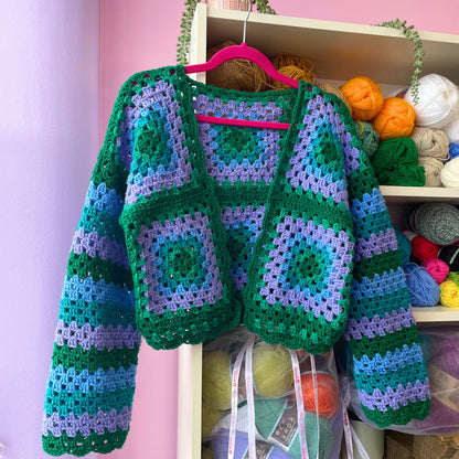 Green / Purple Patchwork Crochet Cardigan - SIZE M