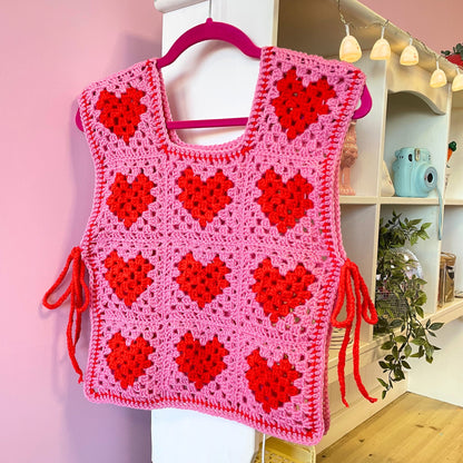 Handmade Red and Pink Love Heart Crochet Vest With Ties