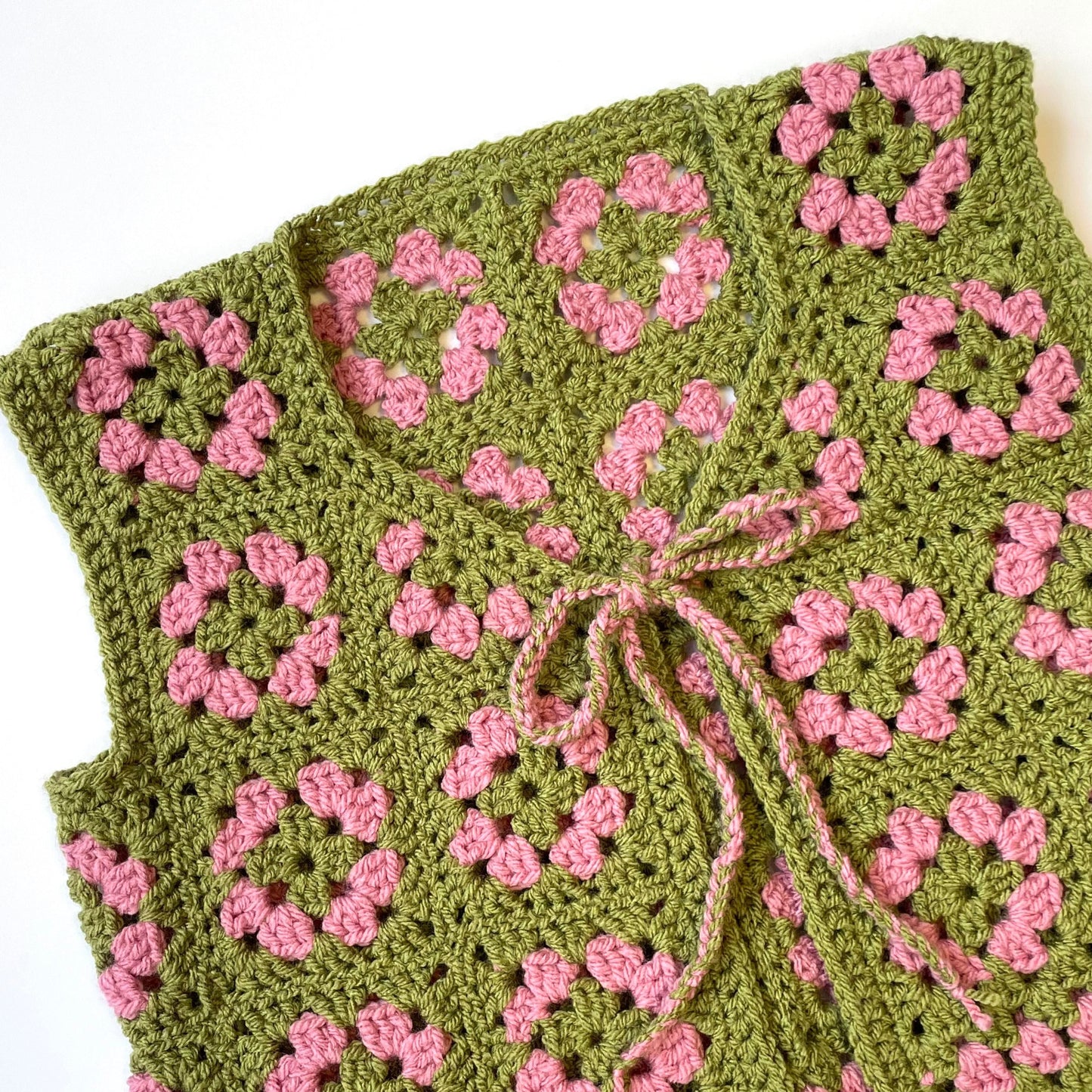 Patchwork Olive / Pink Crochet Vest - Size XS/S