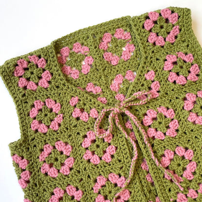 Patchwork Olive / Pink Crochet Vest - Size XS/S