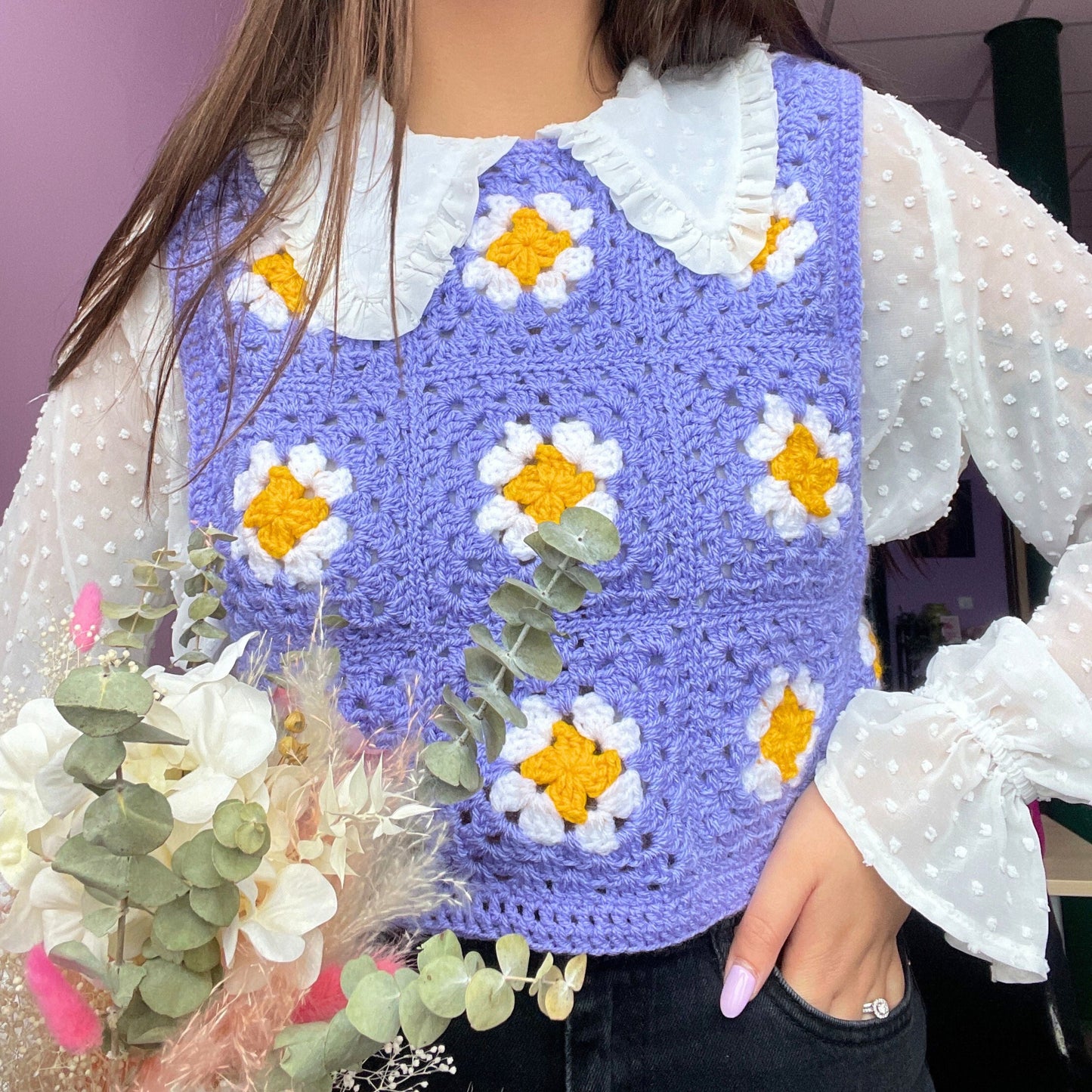 Patchwork Purple Daisy Crochet Vest - S/M