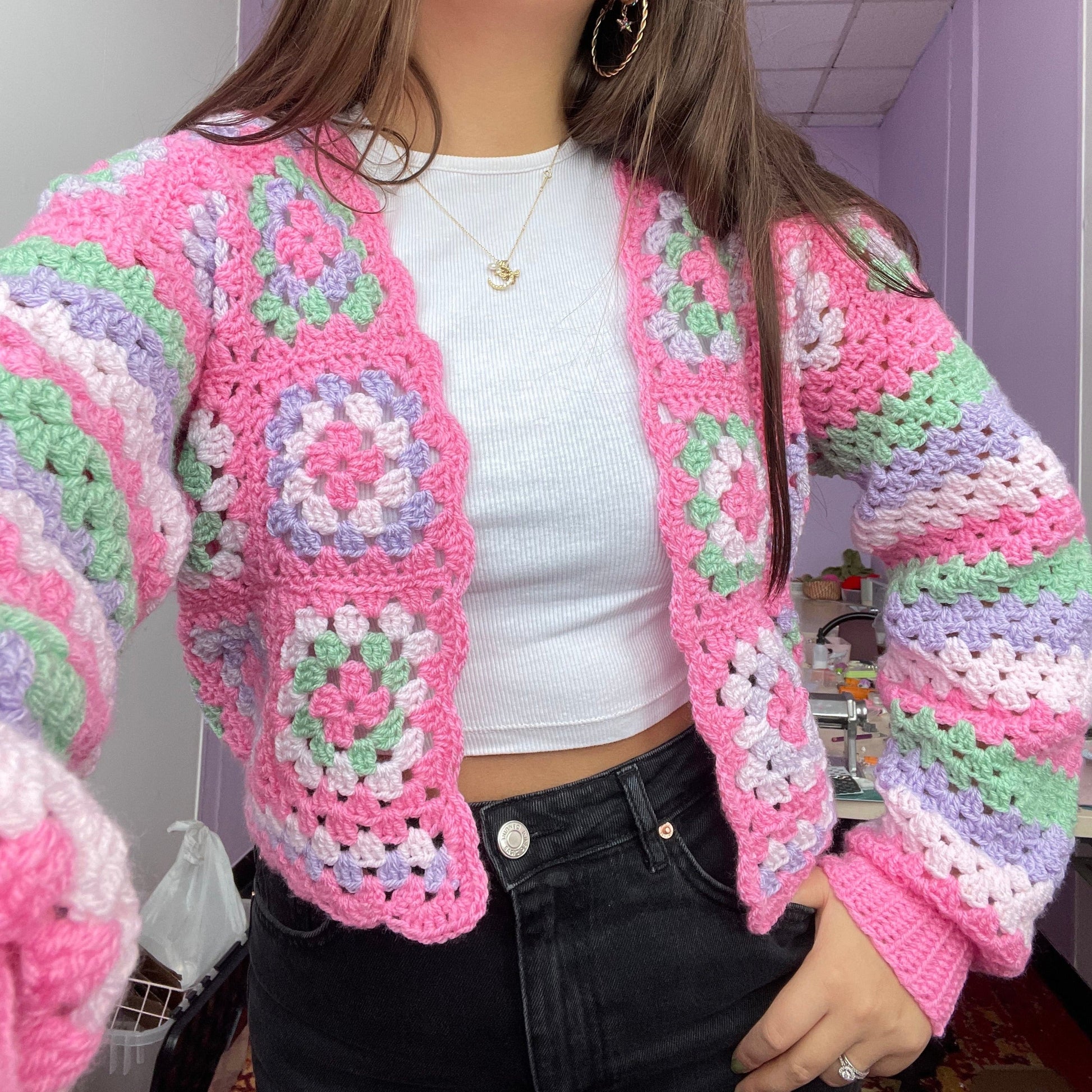 Pink chunky handmade crochet cardigan