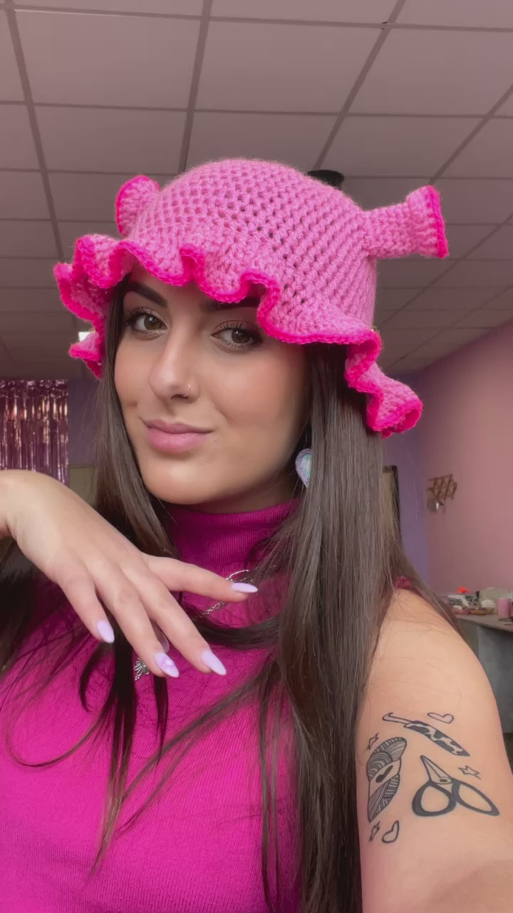pink crochet shrek hat